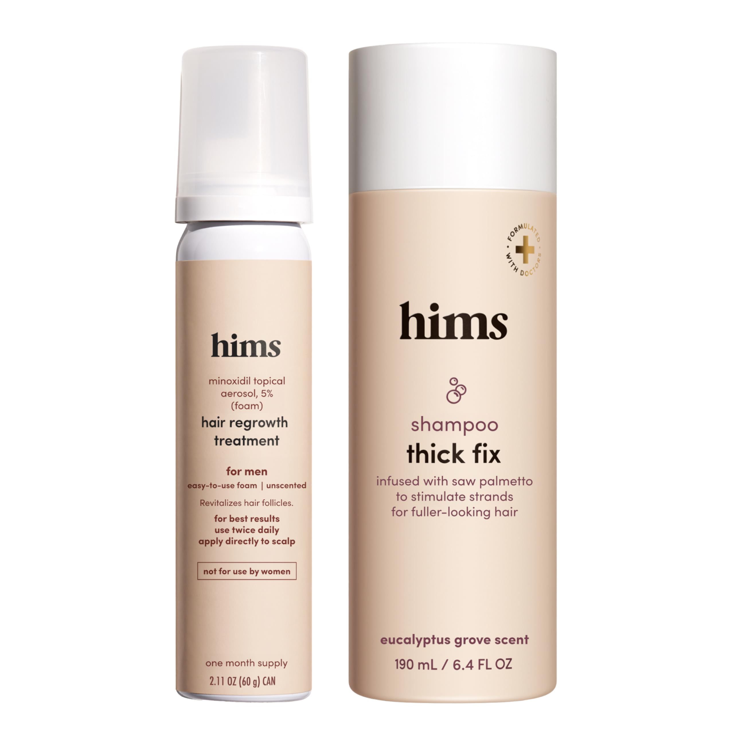 Hims & Hers Thick Fix shampoo bottle shows weightless moisture for fuller-looking hair