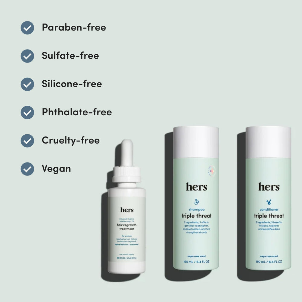 Hims & Hers triple-threat set packaging shown for home use.