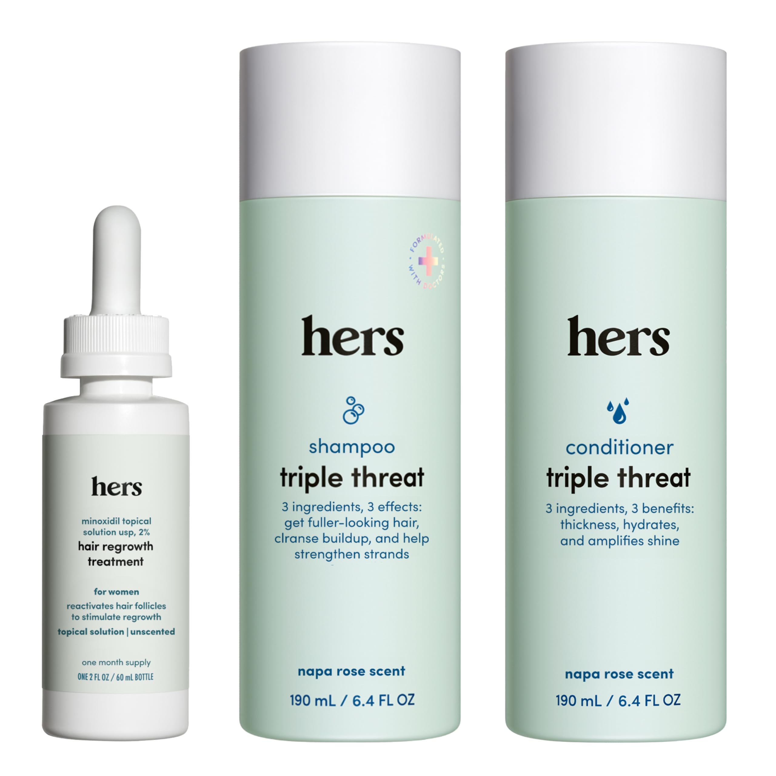 Hims & Hers triple-threat shampoo bottle for color-safe thickening and fuller hair.