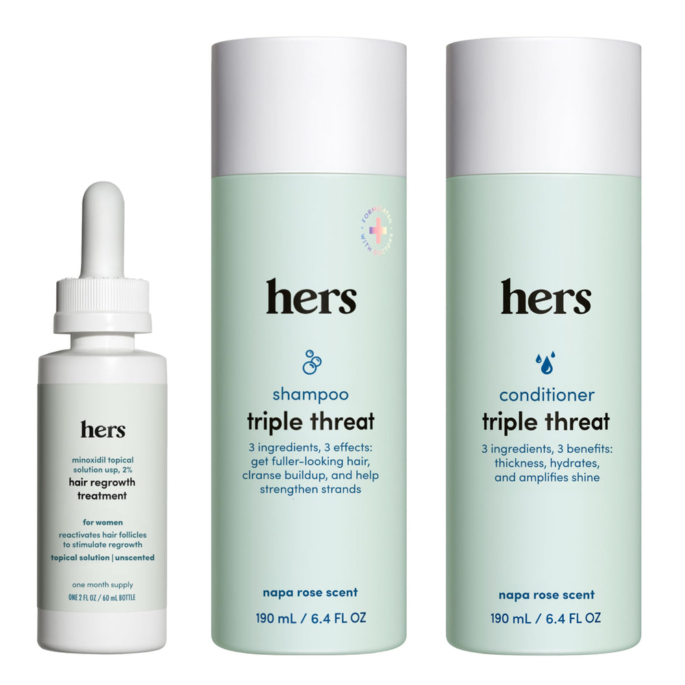 Hims & Hers triple-threat shampoo bottle for color-safe thickening and fuller hair.