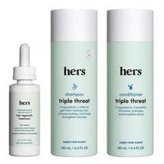 Hims & Hers triple-threat shampoo bottle for color-safe thickening and fuller hair.