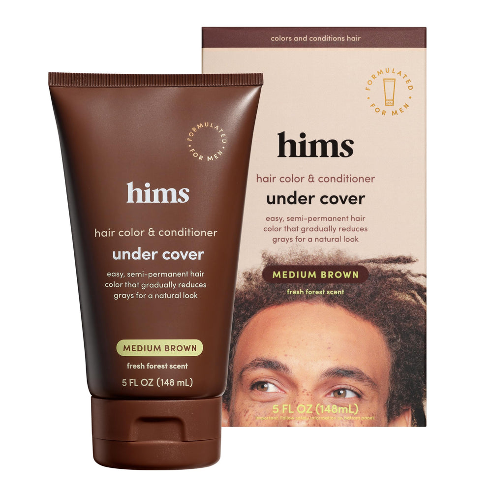 Hims & Hers Under Cover color bottle deposits color for gradual gray blending.
