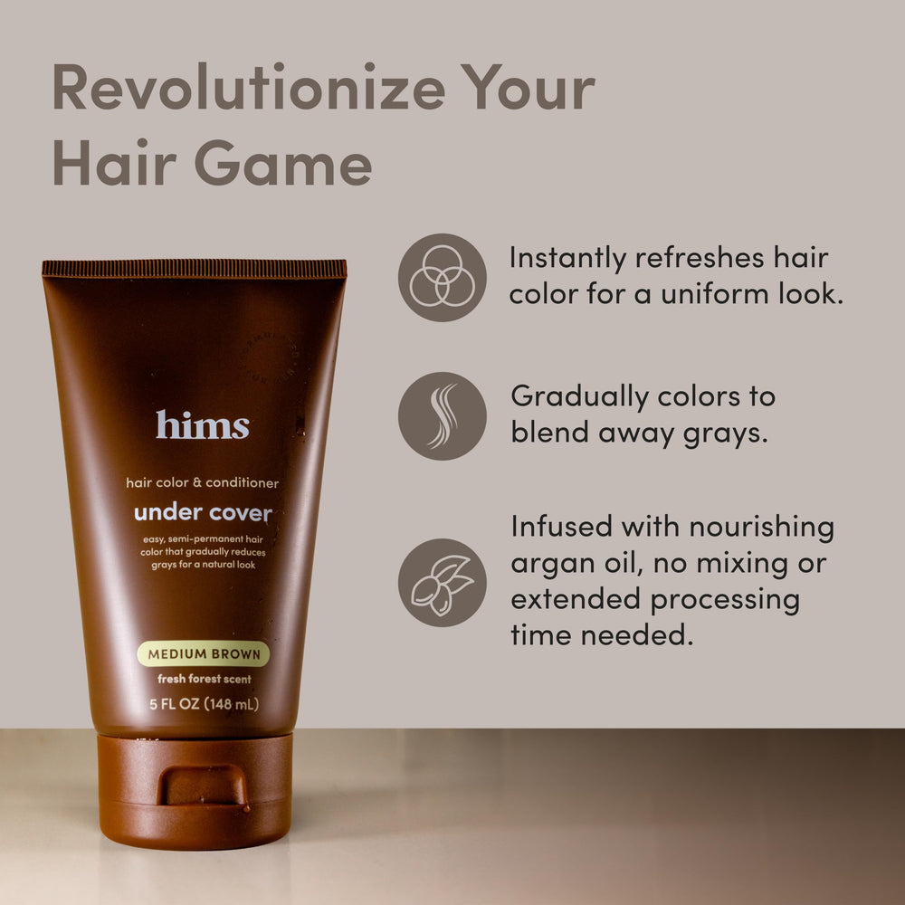 Hims & Hers Under Cover in-shower application illustrates easy one-step color and conditioning.