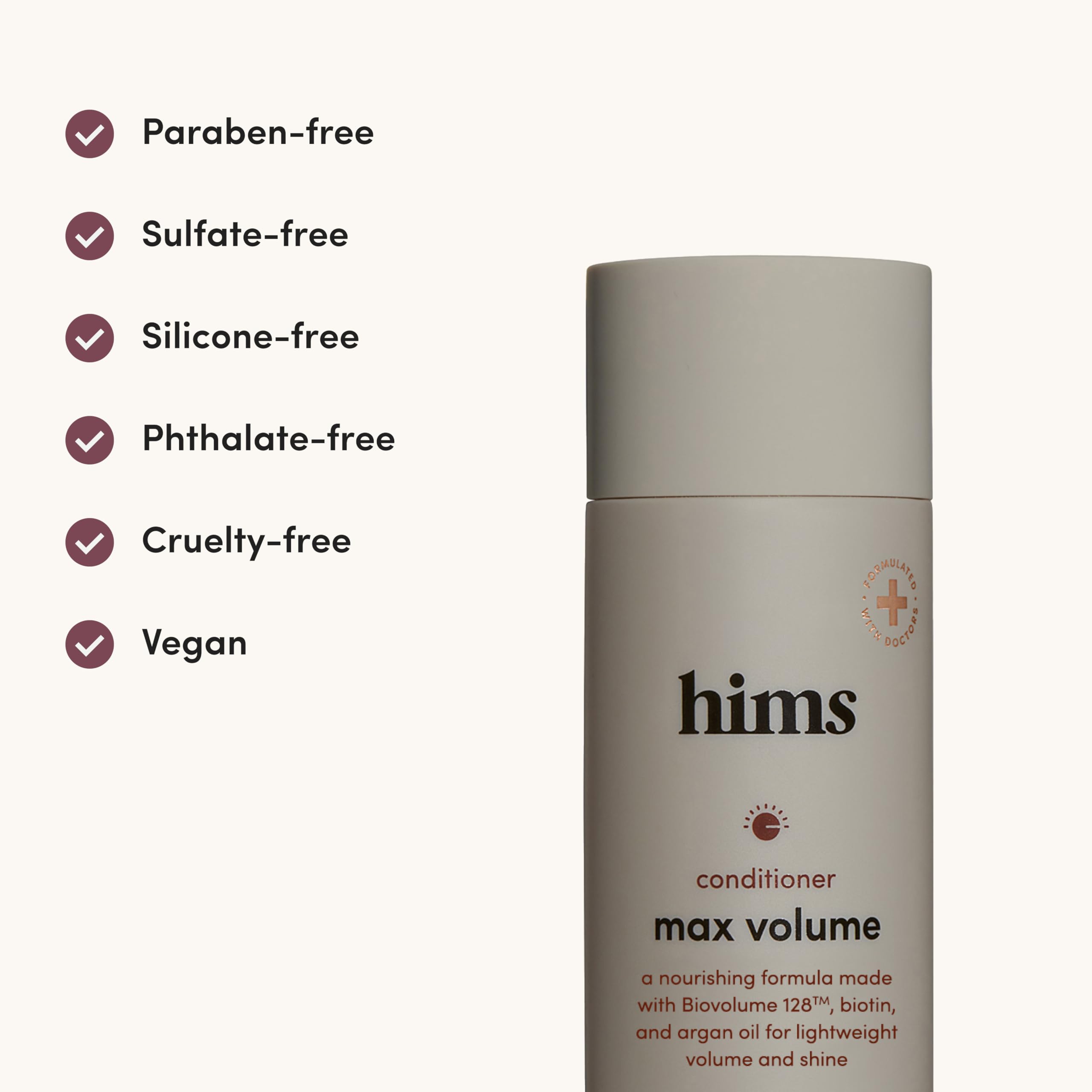 Hims Max Volume conditioner with argan oil nourishes scalp and hair.