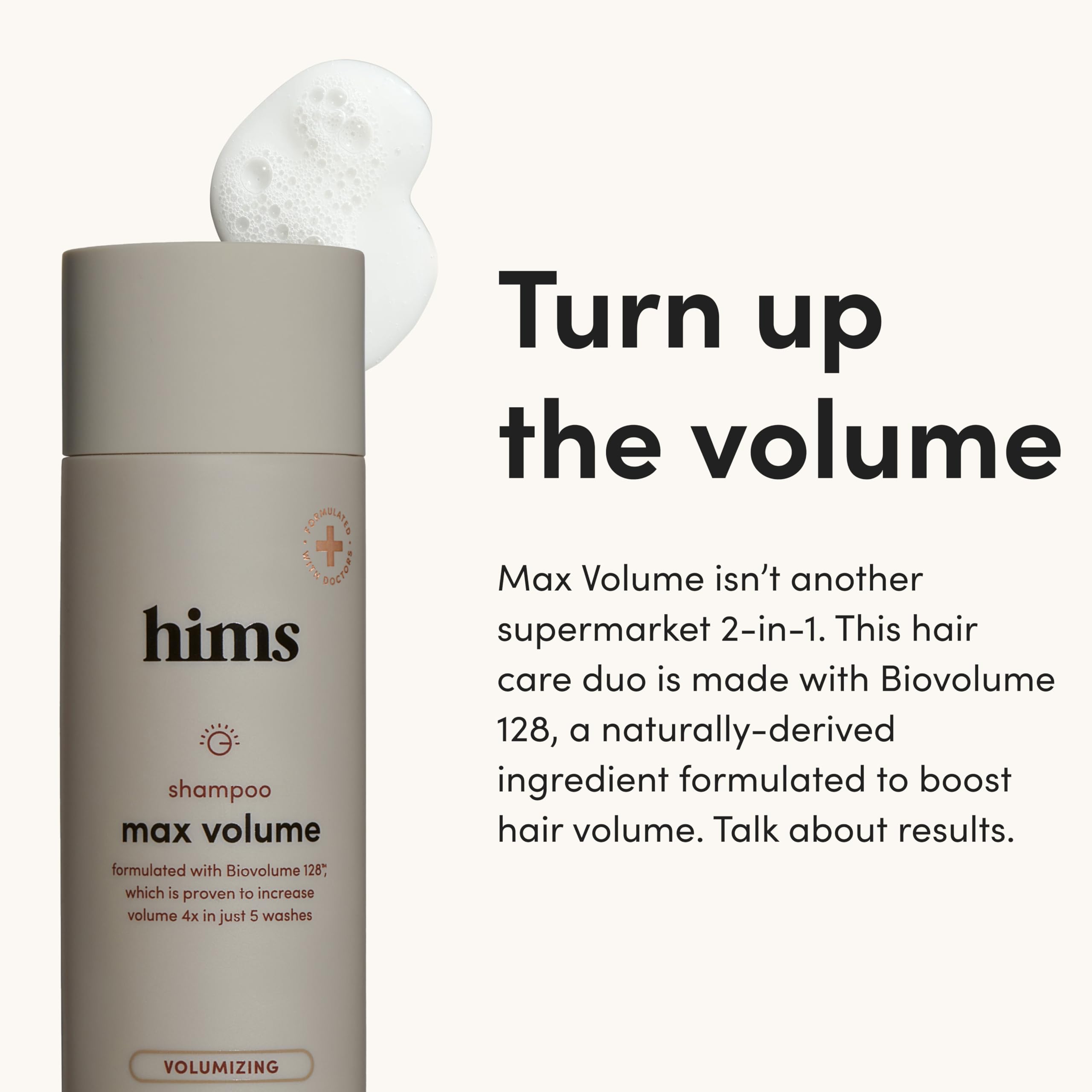 Hims Max Volume Conditioner bottle front; hydrating care lifting limp strands