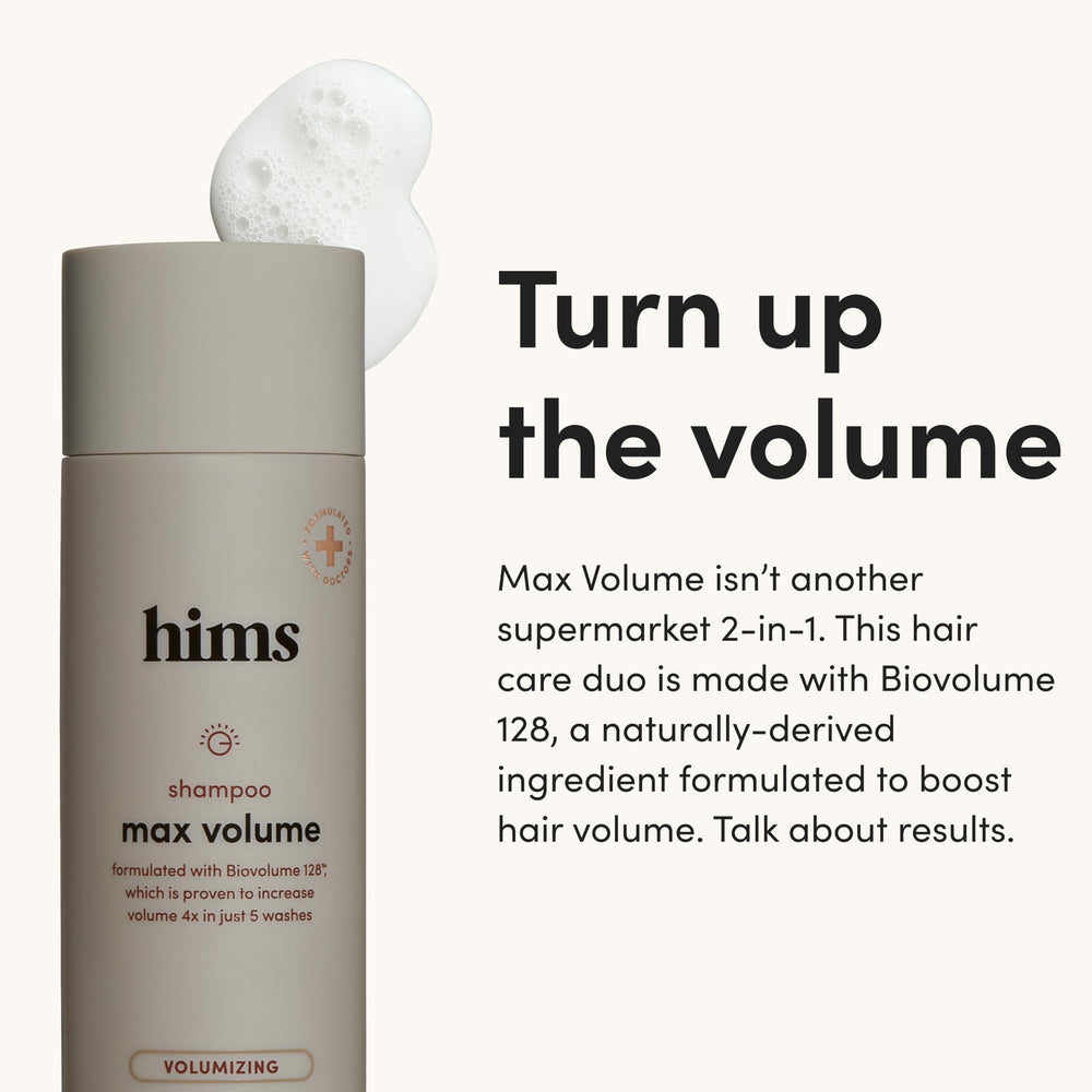 Hims Max Volume Conditioner bottle front; hydrating care lifting limp strands