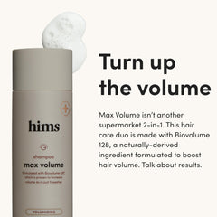 Hims Max Volume Conditioner bottle front; hydrating care lifting limp strands