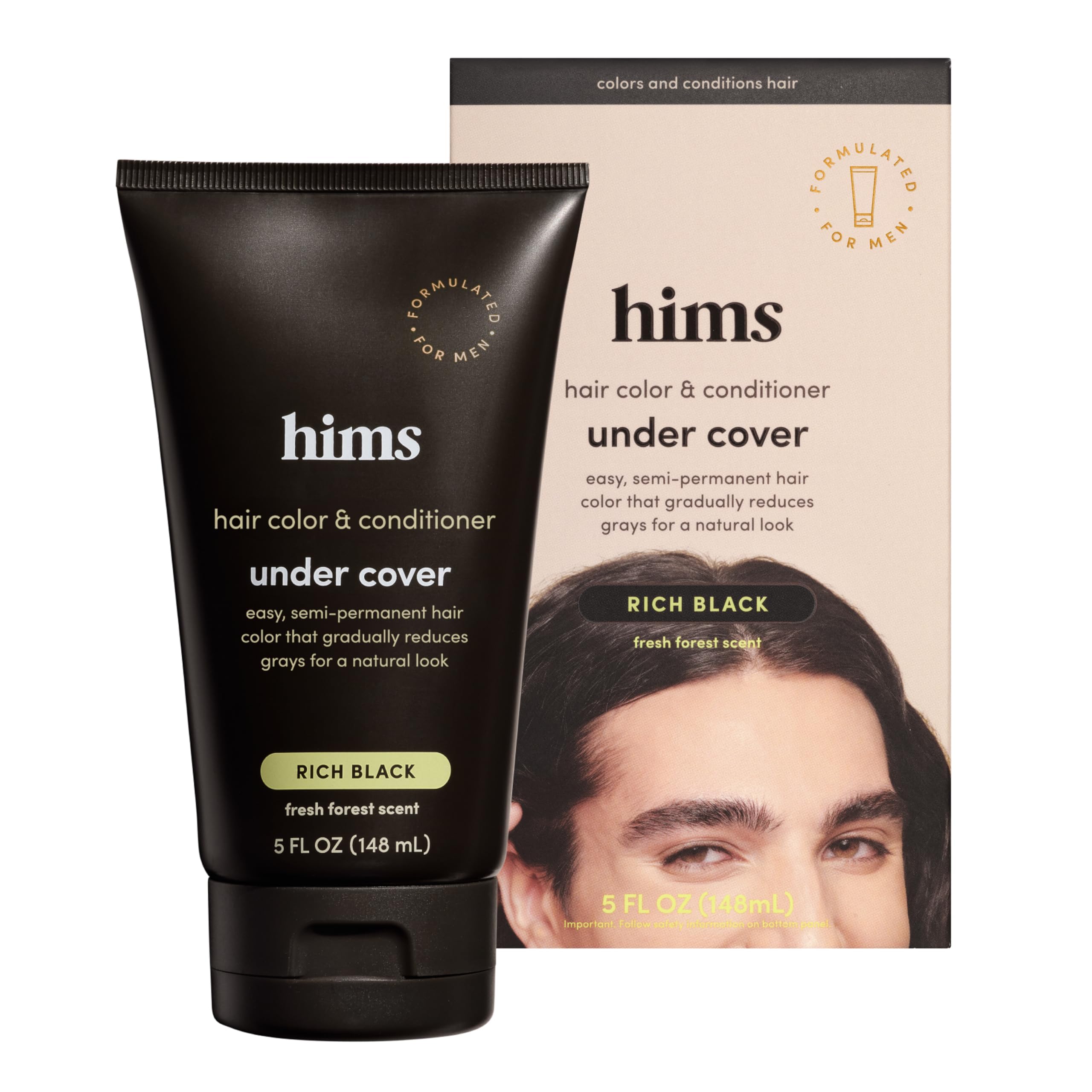 Hims Under Cover Rich Black bottle front shows easy gray blending and conditioning in one step.