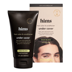 Hims Under Cover Rich Black bottle front shows easy gray blending and conditioning in one step.