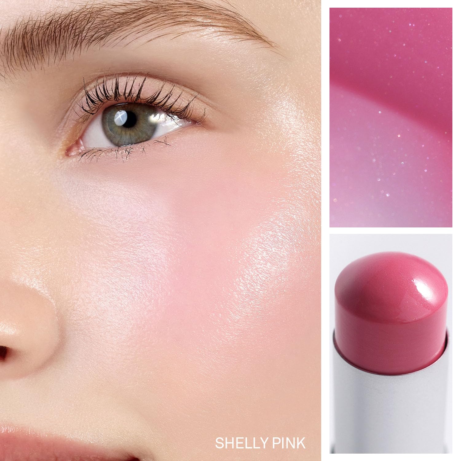 HINCE True Dimension Radiance Balm Shelly Pink swatch shows translucent glow.