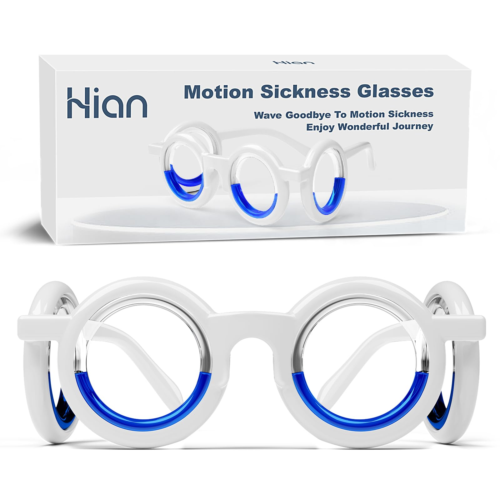 Hion Motion Sickness Glasses liquid-filled rims close-up for portable travel comfort.