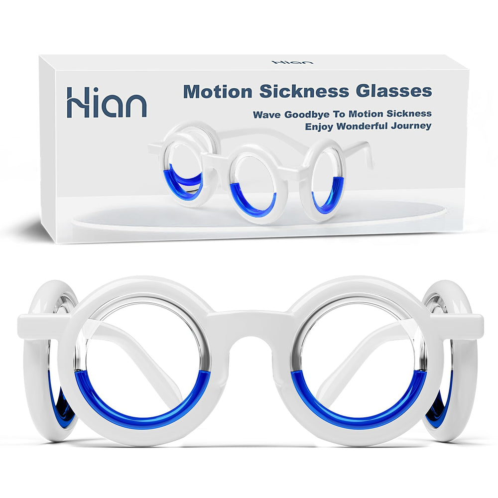 Hion Motion Sickness Glasses liquid-filled rims close-up for portable travel comfort.
