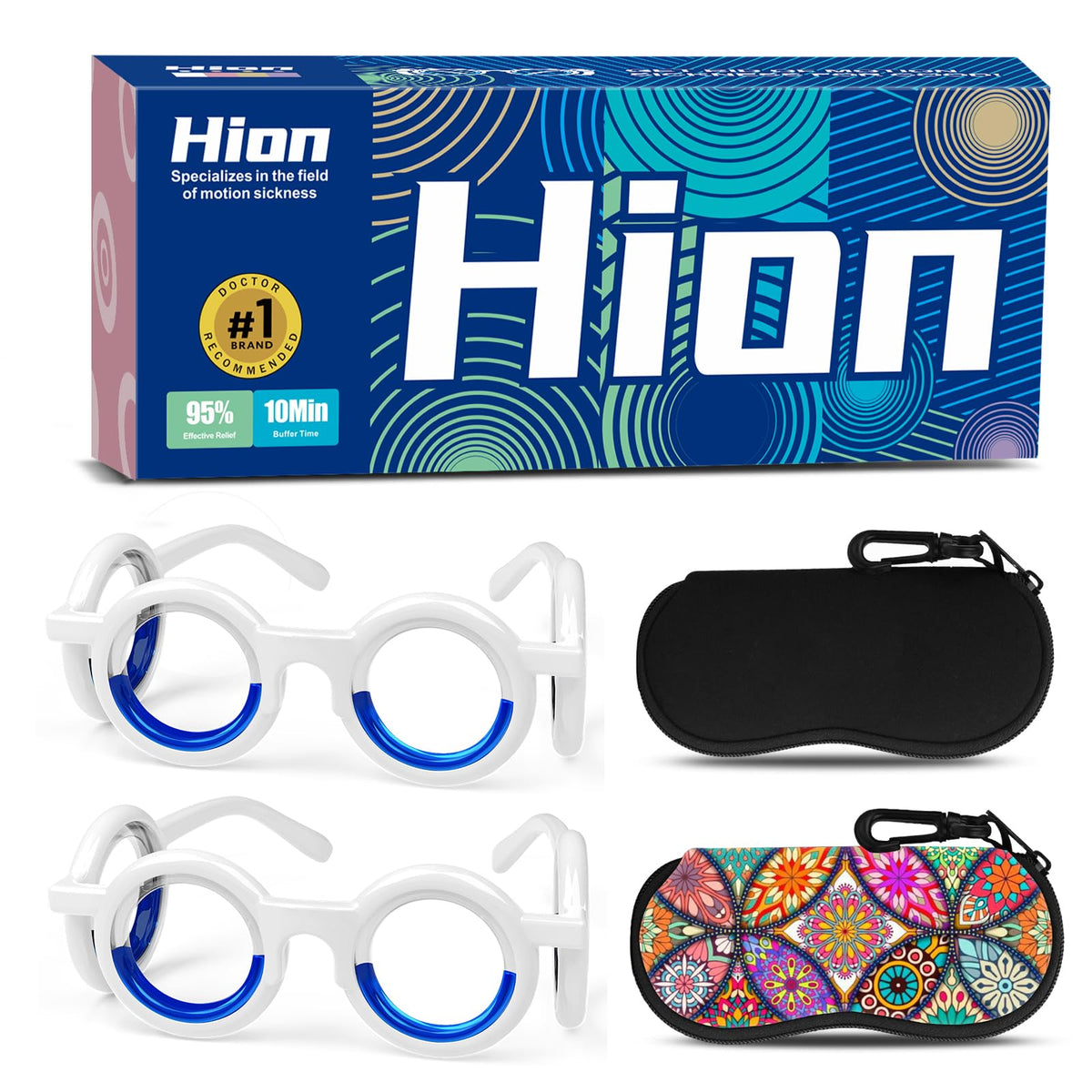 Hion Motion Sickness Glasses packaging for easy travel storage