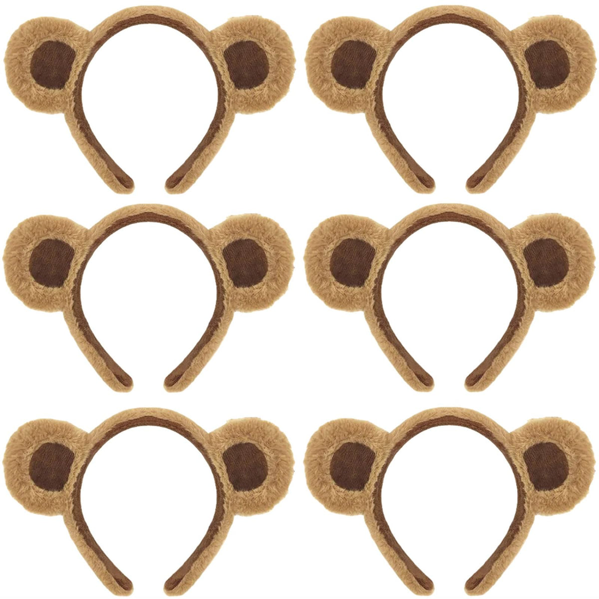 HIPIHOM 6Pcs Bear Ears Headbands brown plush set for group cosplay and parties.