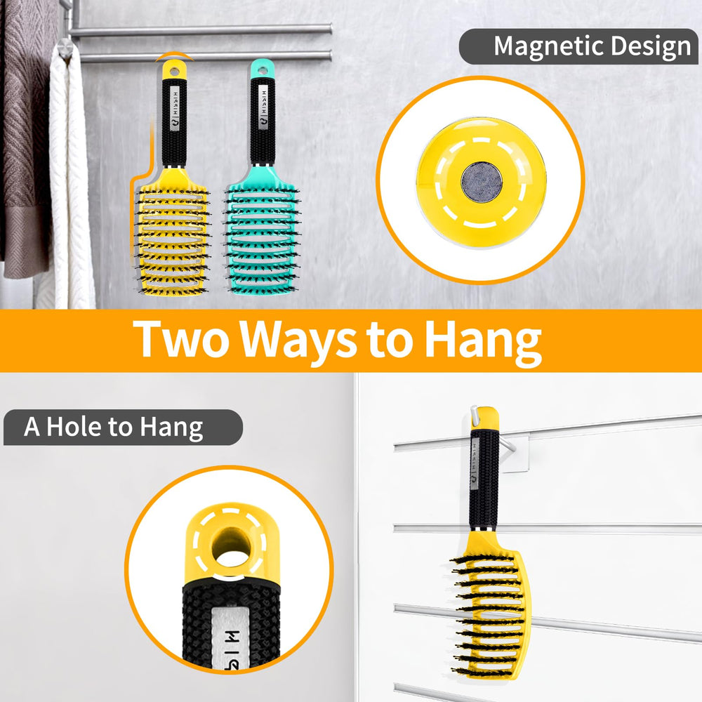 HIPPIH detangling brush ergonomic handle with hang hole for easy storage.