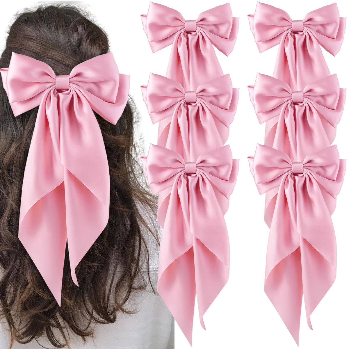 Hisial 6pcs large bows hair clip pink set close-up highlights silky satin finish for daily glamour.