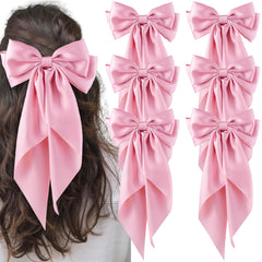 Hisial 6pcs large bows hair clip pink set close-up highlights silky satin finish for daily glamour.