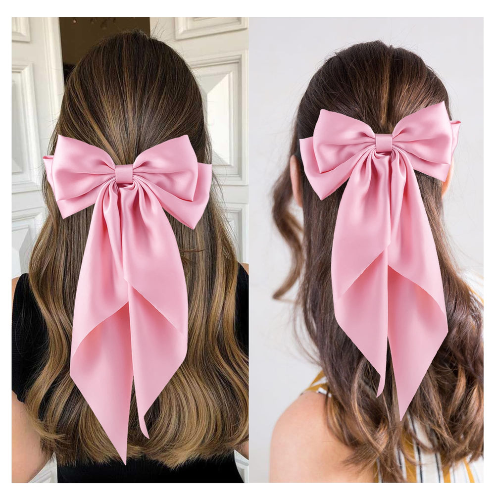 Hisial silk satin bow clip pink highlights elegant design and a soft long tail.