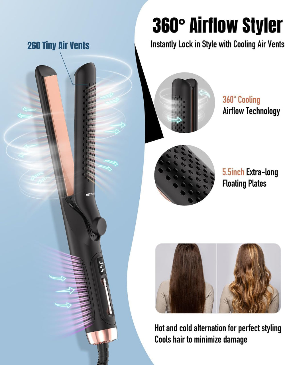 HITTIONA 2-in-1 hair straightener and curler enabling versatile styling.