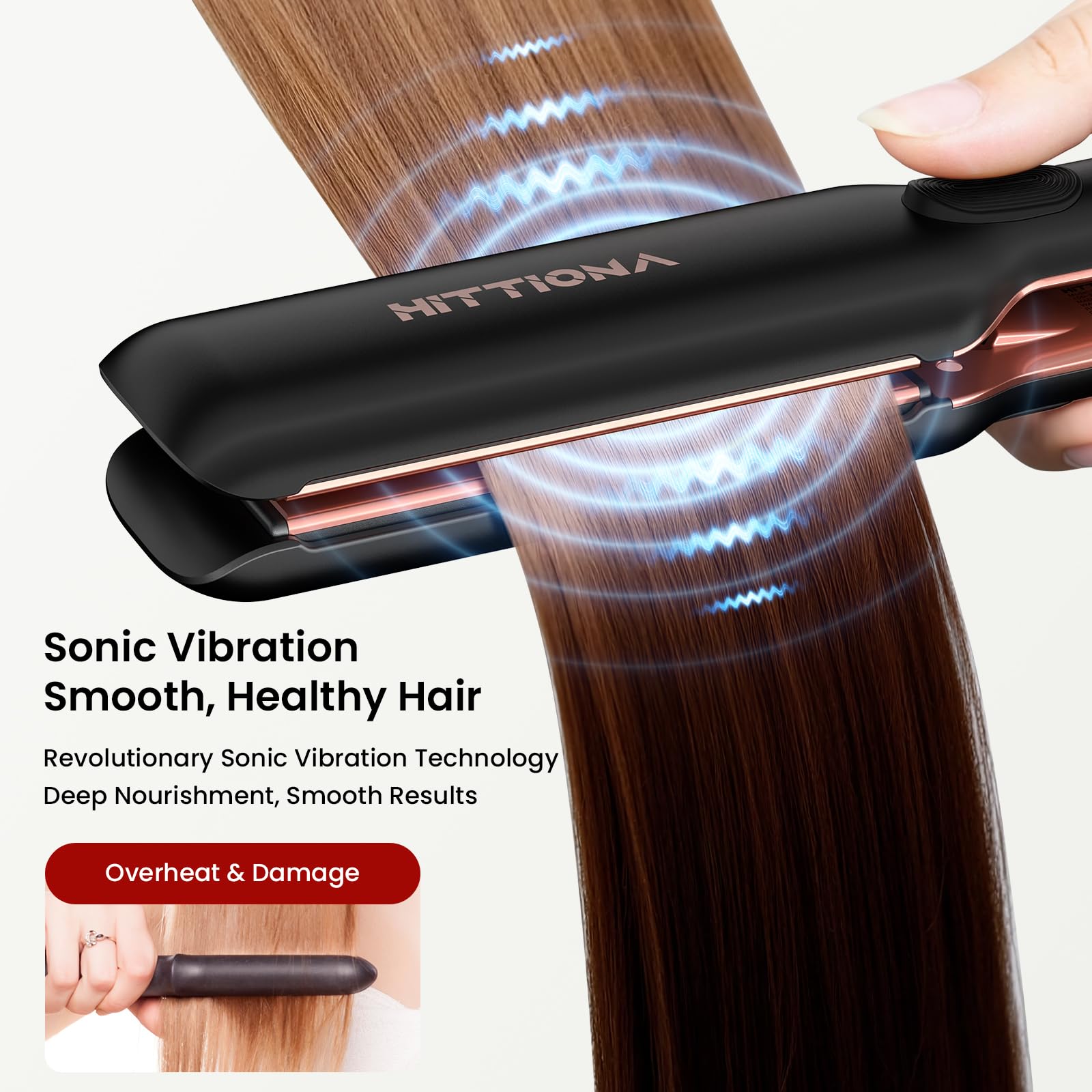 Hittiona flat iron features vibrating plates to reduce snagging and breakage during styling.