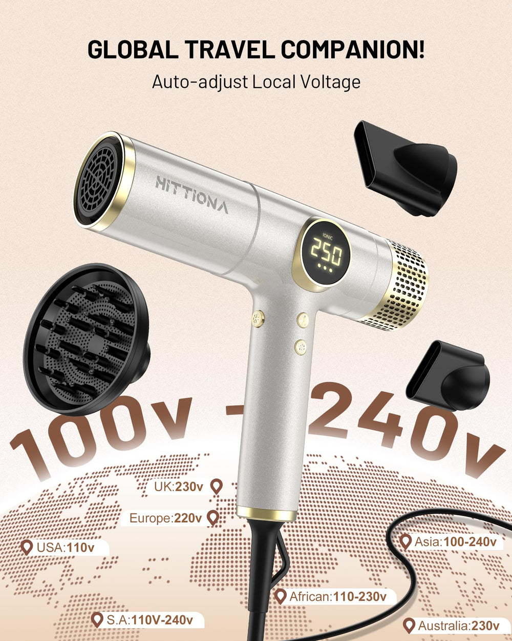 Hittiona hair dryer with concentrator nozzle for precise blowing.