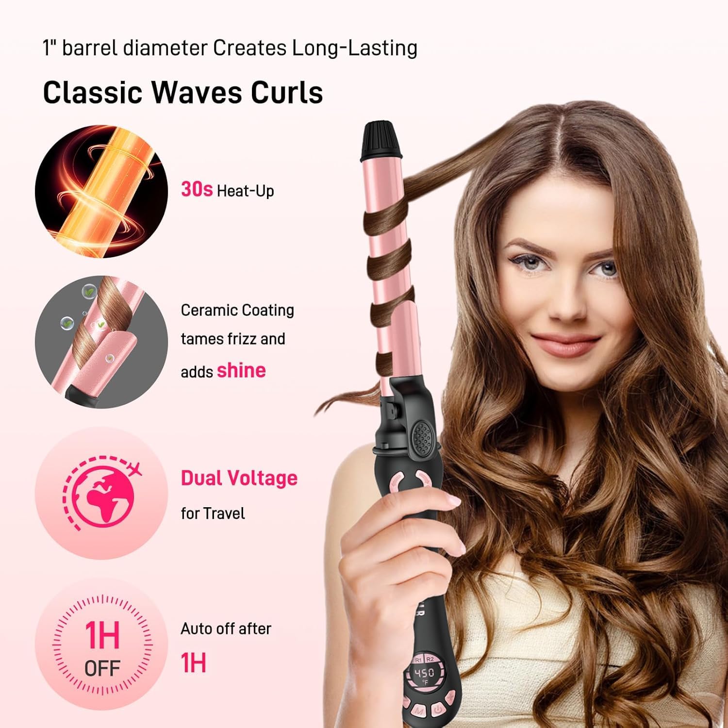 Hittiona rose gold curling iron with safety features and cool tip.