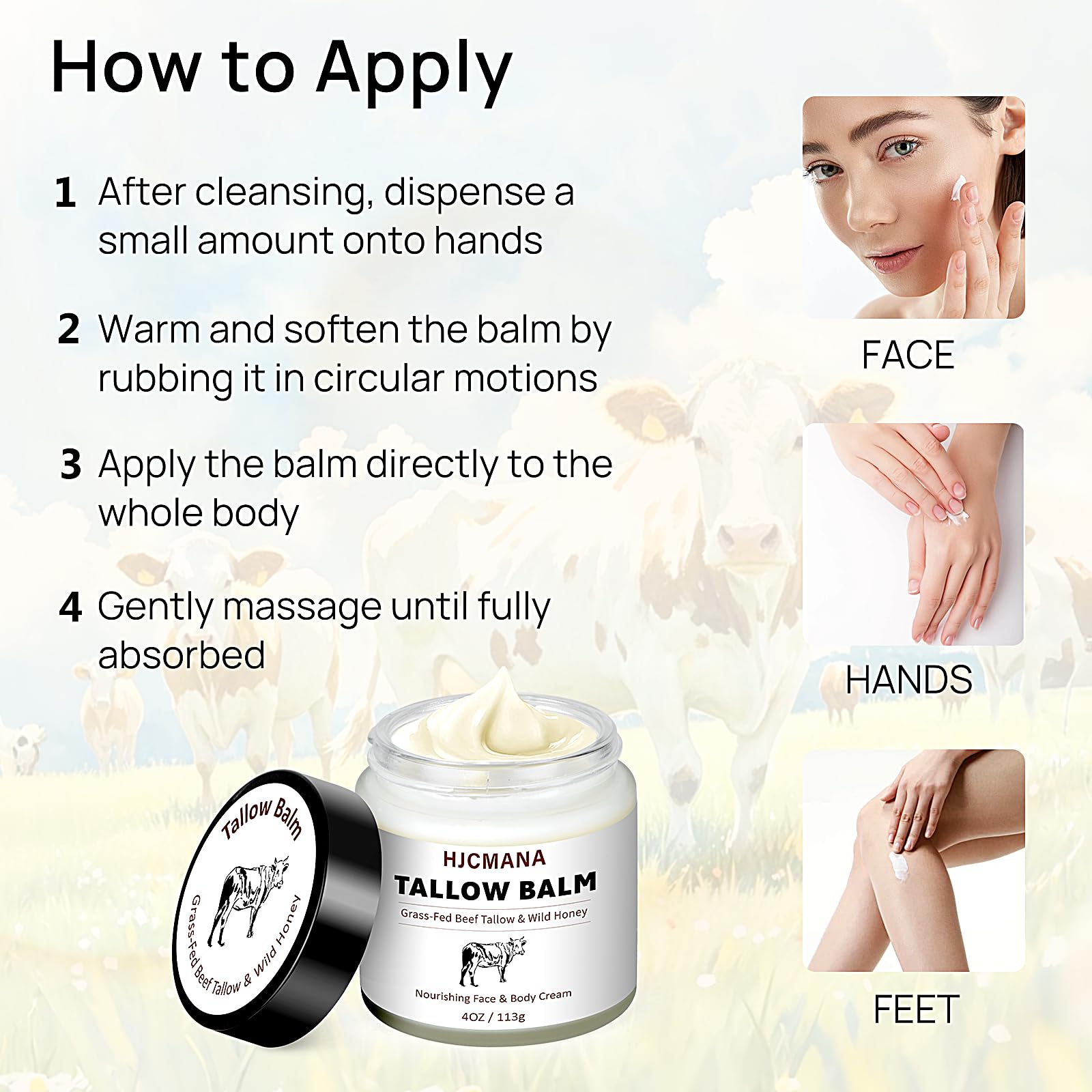 HJCMANA Beef Tallow soft glide on skin indicates unscented formula for sensitive skin