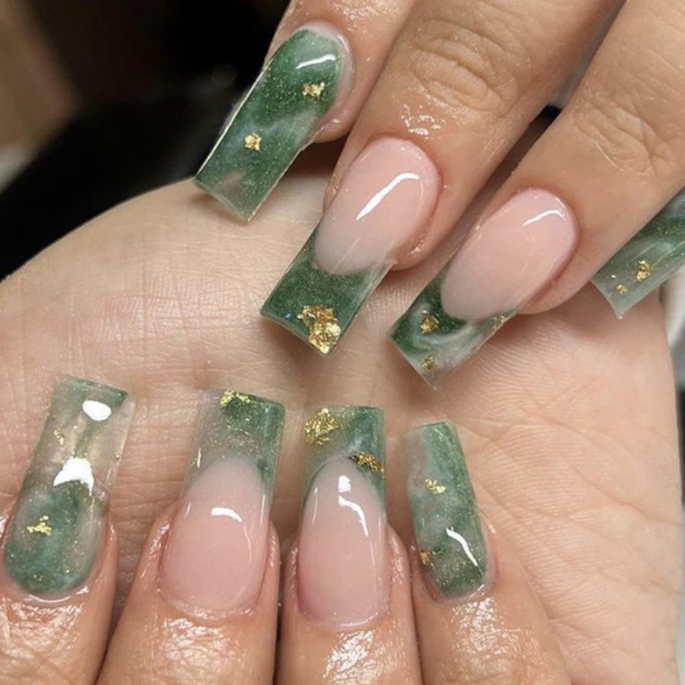 Hkanlre medium green press-on nails in French marble full cover design for stylish salon-like results.