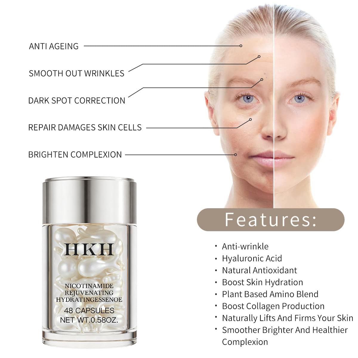 HKH Niacinamide Serum Capsules travel pack shown in compact bag.