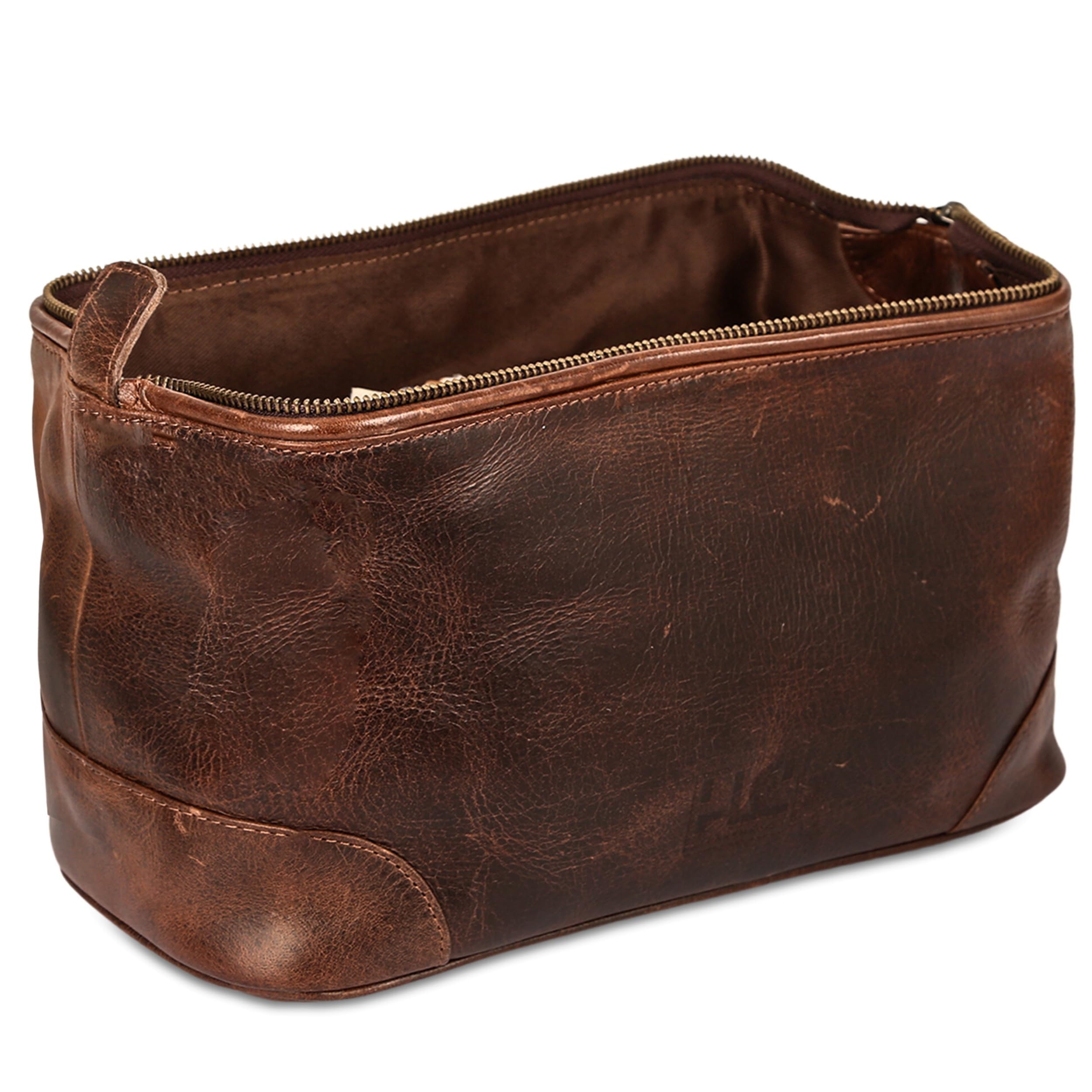 HLC leather toiletry bag interior layout showing organized compartments for grooming essentials
