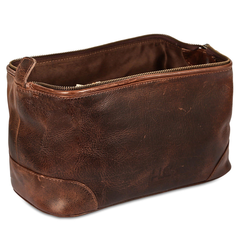 HLC leather toiletry bag interior layout showing organized compartments for grooming essentials