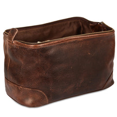 HLC leather toiletry bag interior layout showing organized compartments for grooming essentials