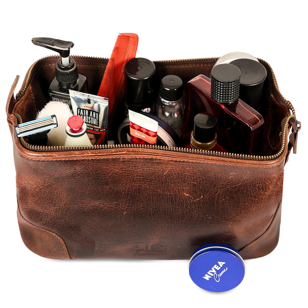 HLC leather toiletry bag spacious compartment fits full shaving kit and toiletries