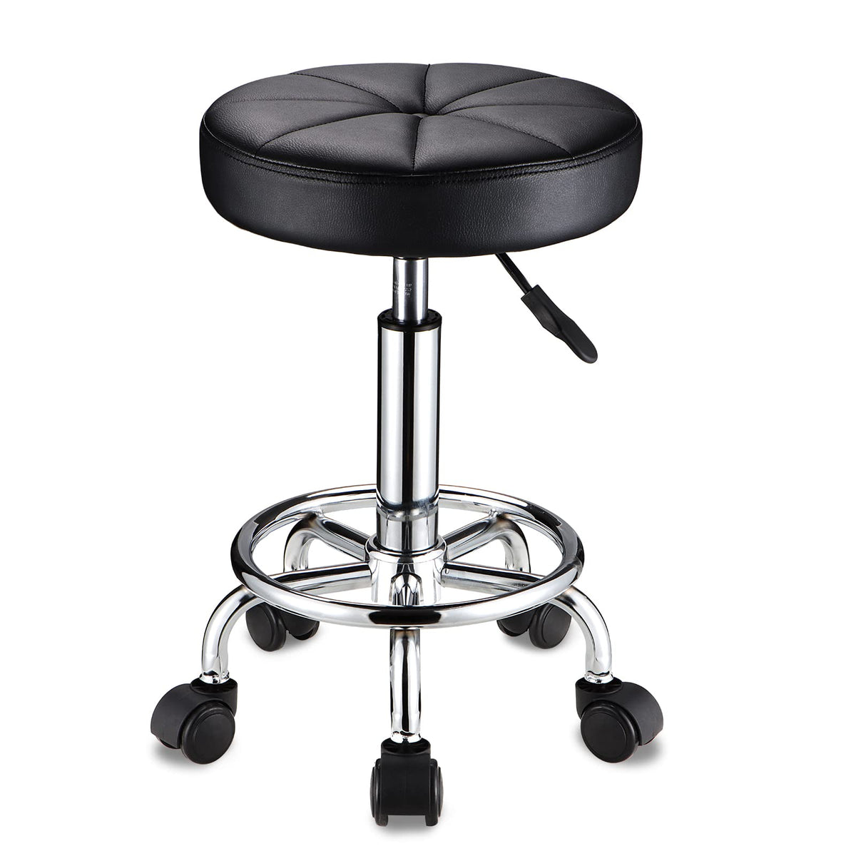 HMTOT round rolling stool with wheels and swivel seat for smooth salon mobility.