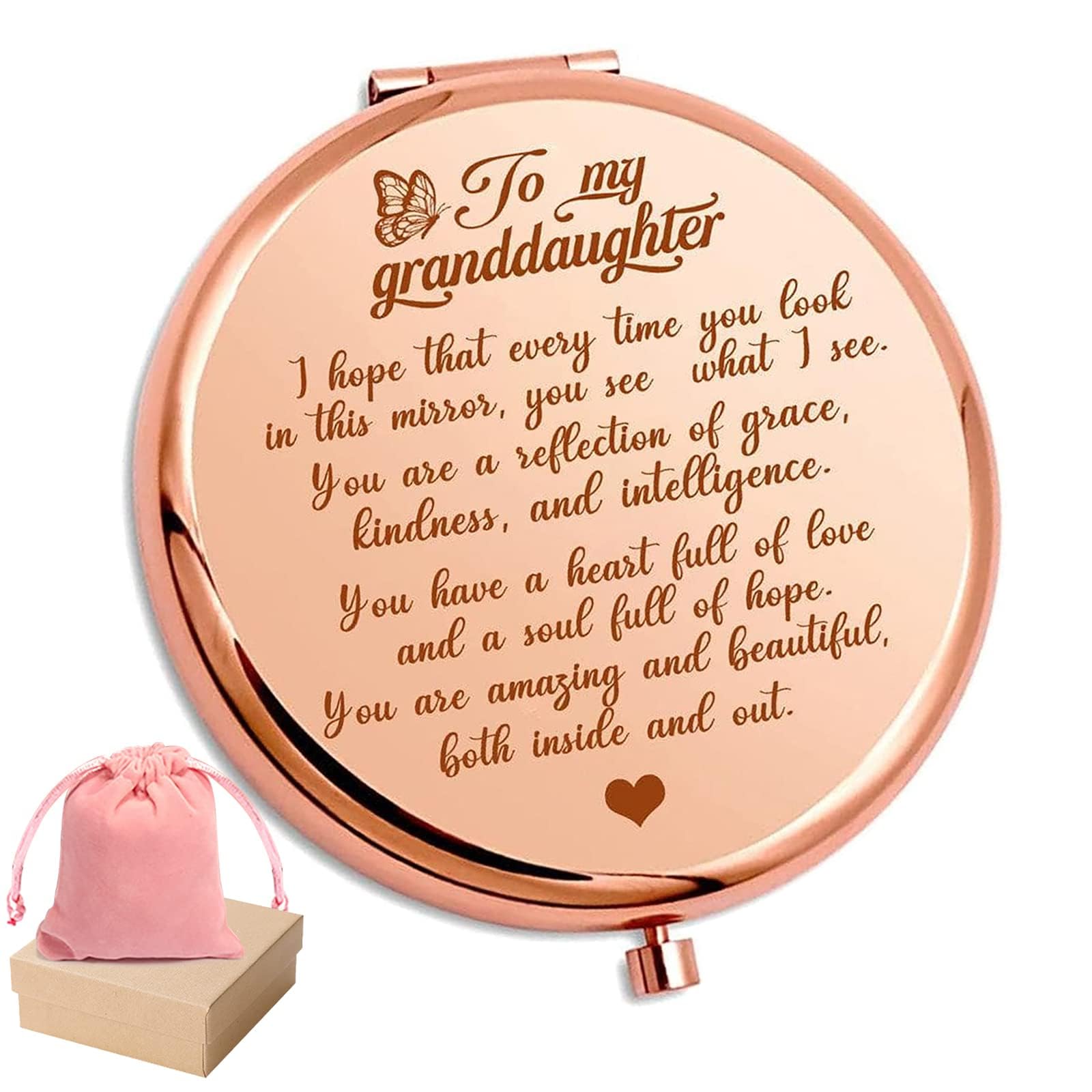 HNLUGF granddaughter pocket mirror in rose gold, front view for on-the-go touch ups.