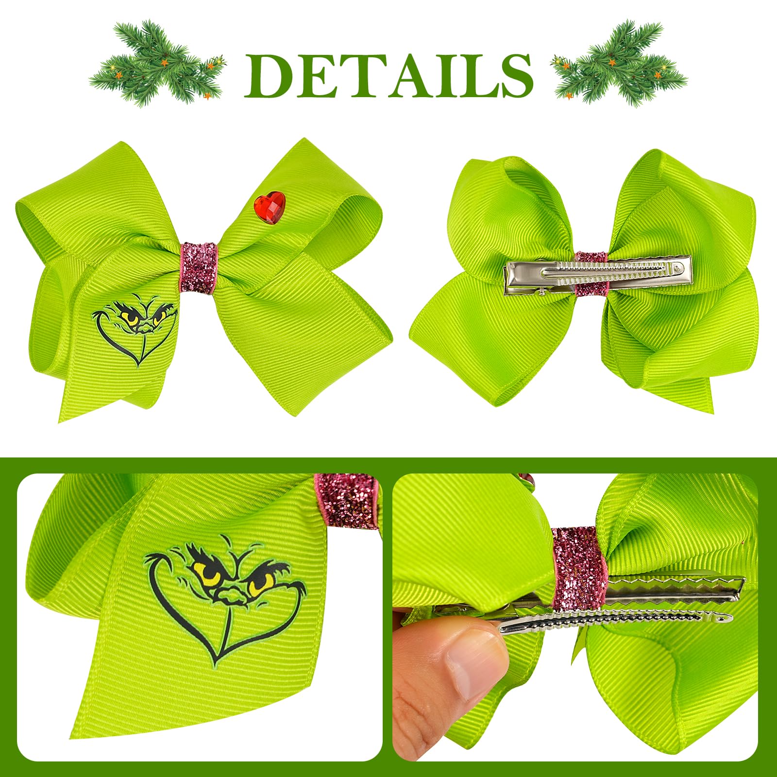 HNMEILI Bow clip features pink glitter center for sparkling holiday photos.