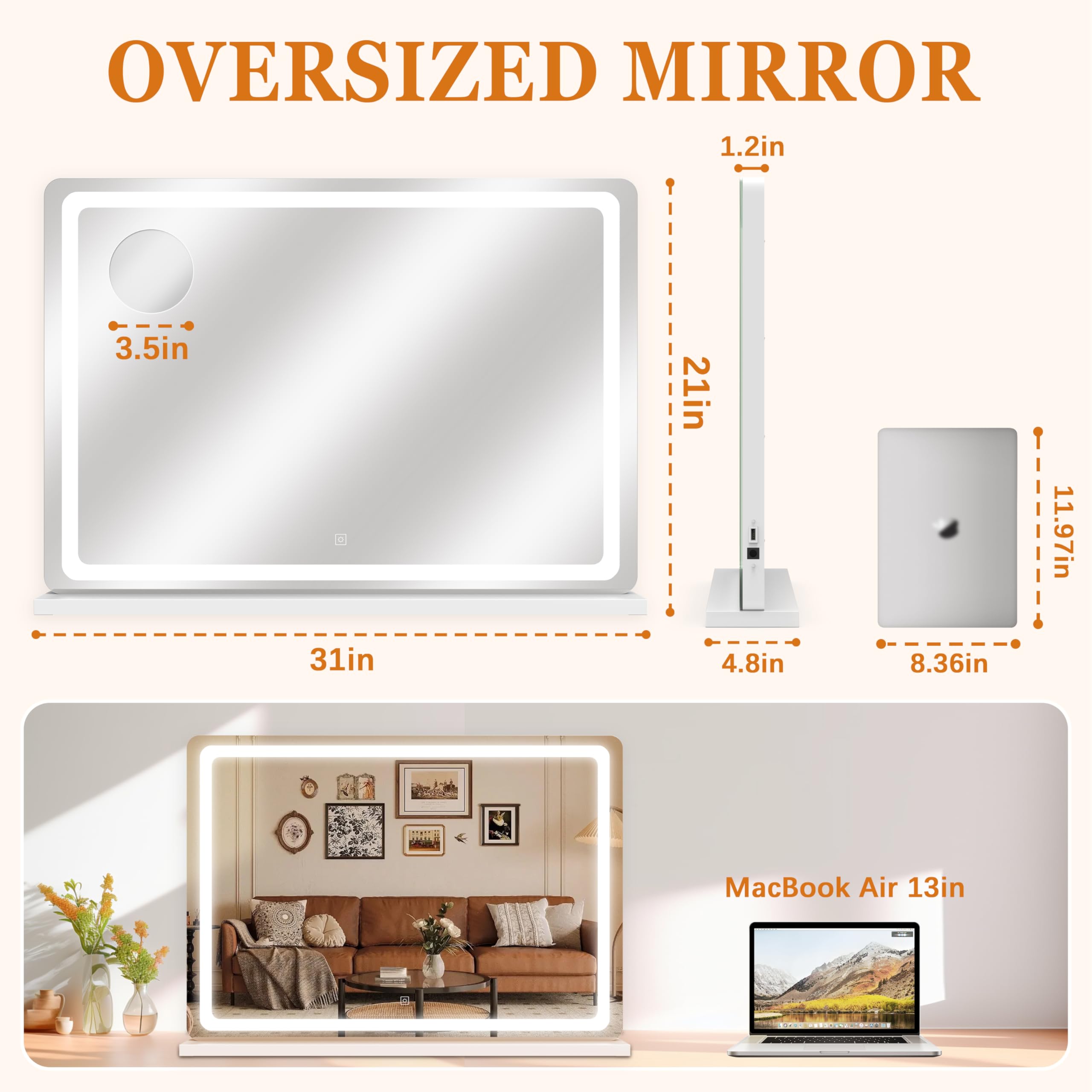 HNV vanity mirror 3-color LED offers adjustable lighting for any skin tone.