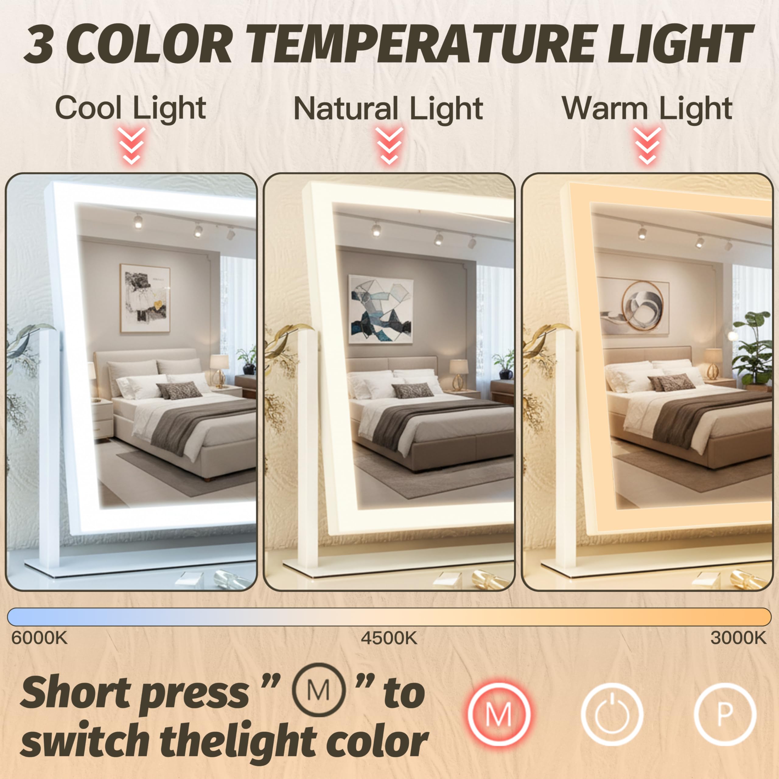 HNV vanity mirror offers 3-color LED modes for accurate color matching in any setting.