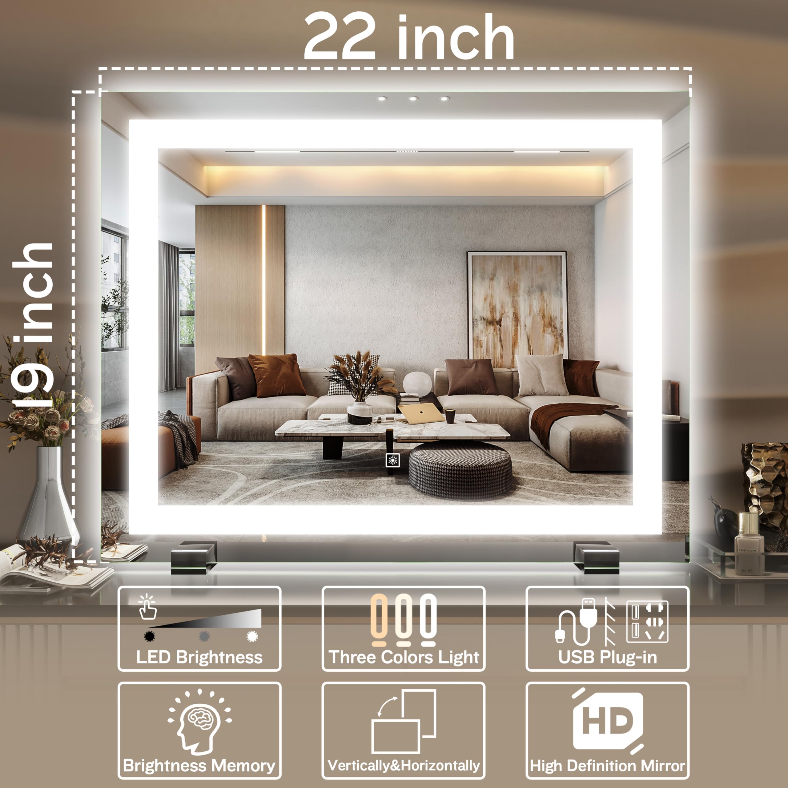 HNV vanity mirror with dimmable LED delivers precise warm natural and cool lighting.