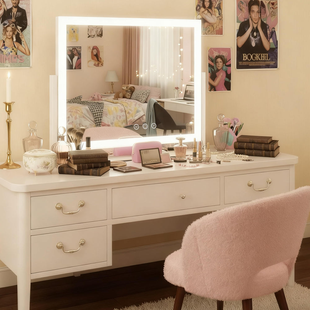 HNV vanity mirror tabletop base offers stable support on desks.