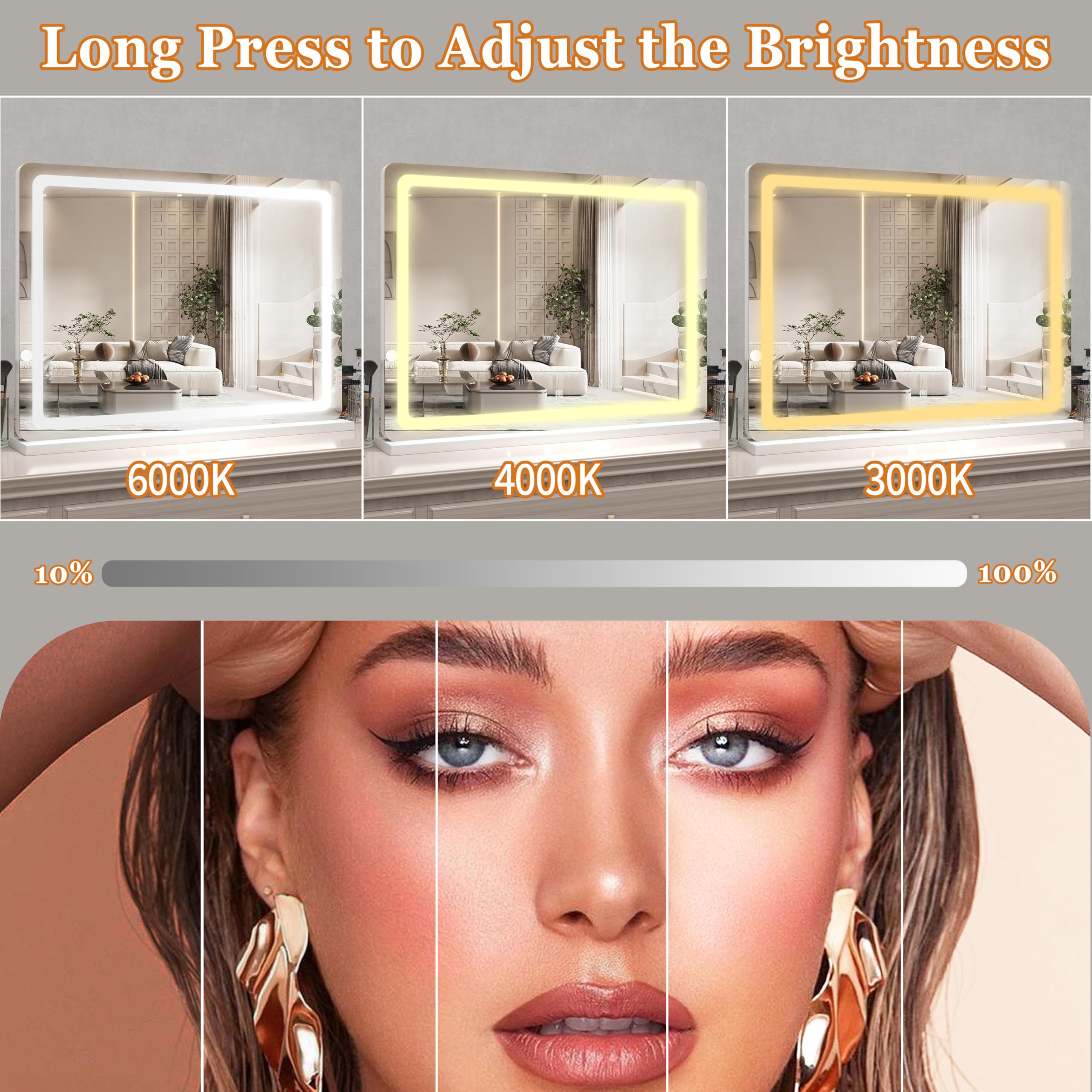 HNV Vanity Mirror touch-control panel enables quick brightness changes.