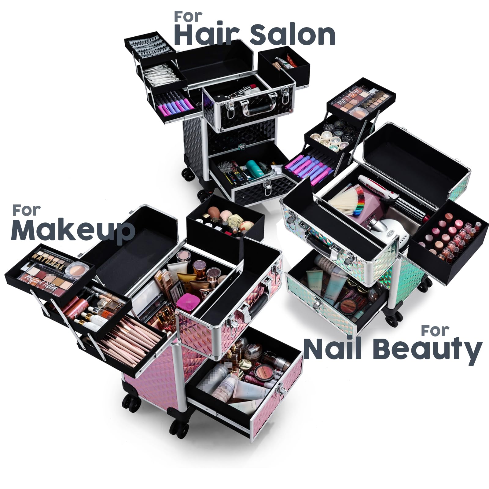 Hododou rolling makeup case slide trays organize tools and palettes efficiently