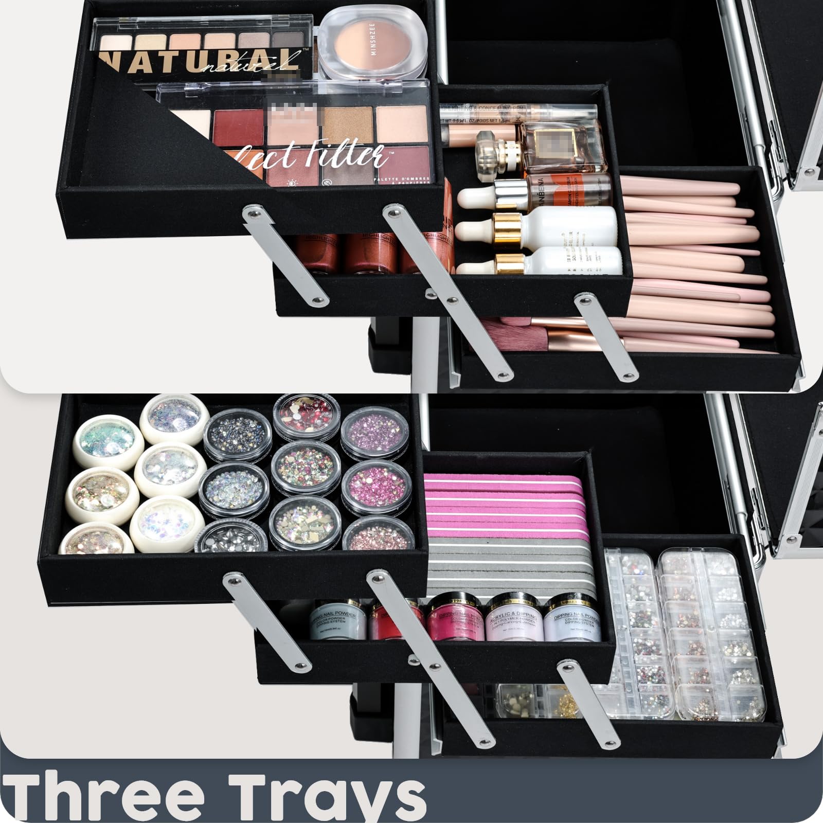 Hododou rolling makeup case upper compartment fits large items like straighteners