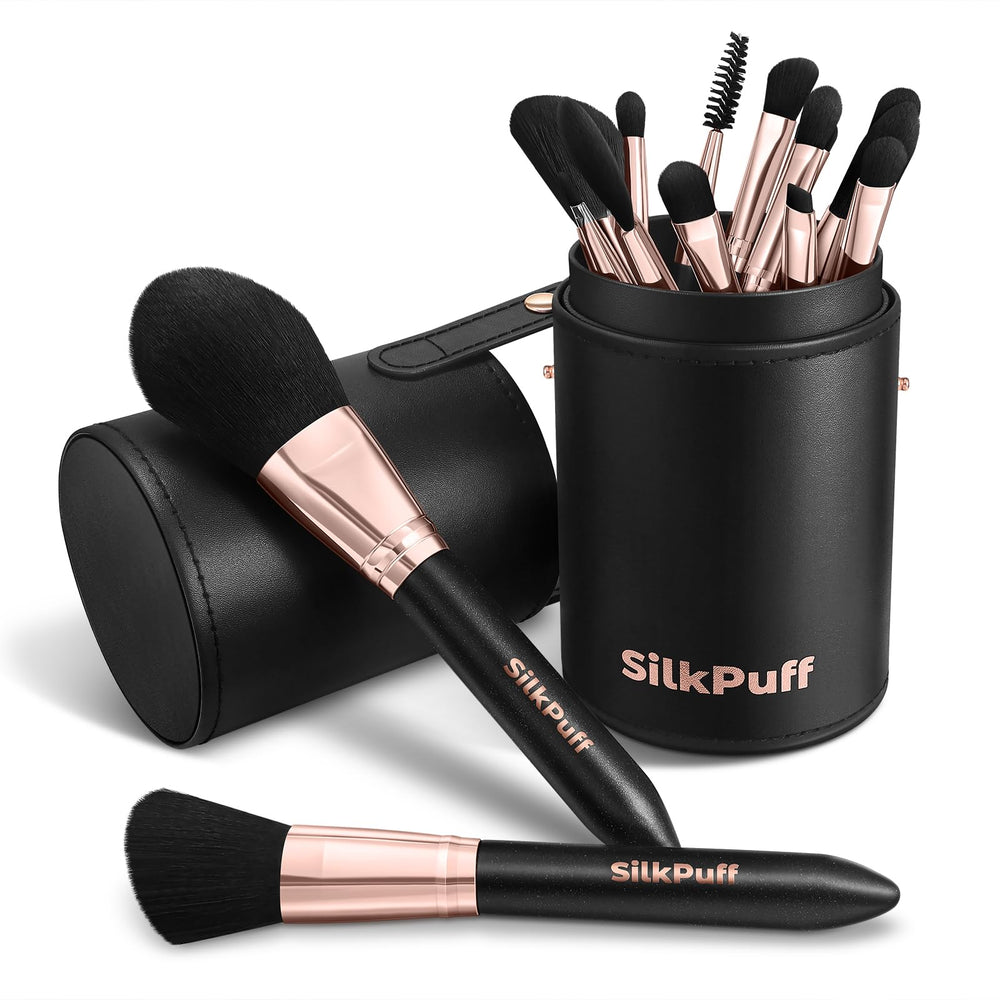 HOIFA Silkpuff 15-piece makeup brush set laid out for complete makeup application and professional finish