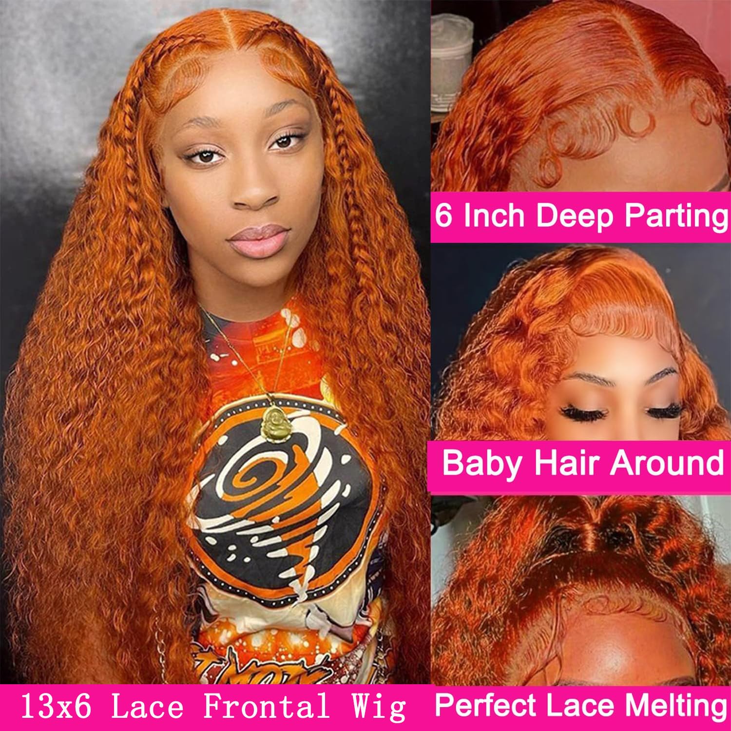 Hoiloxa ginger lace front wig side view highlights 13x6 deep wave texture for plush curl.