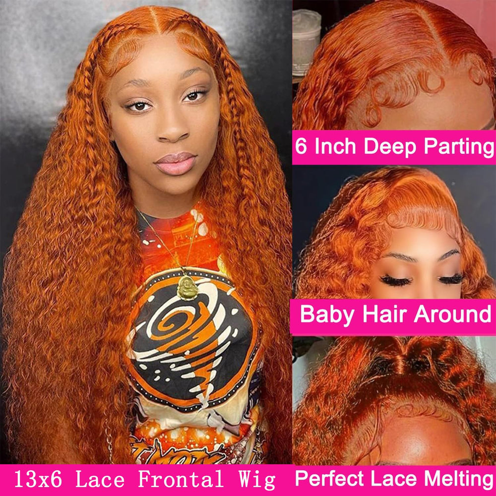 Hoiloxa ginger lace front wig side view highlights 13x6 deep wave texture for plush curl.