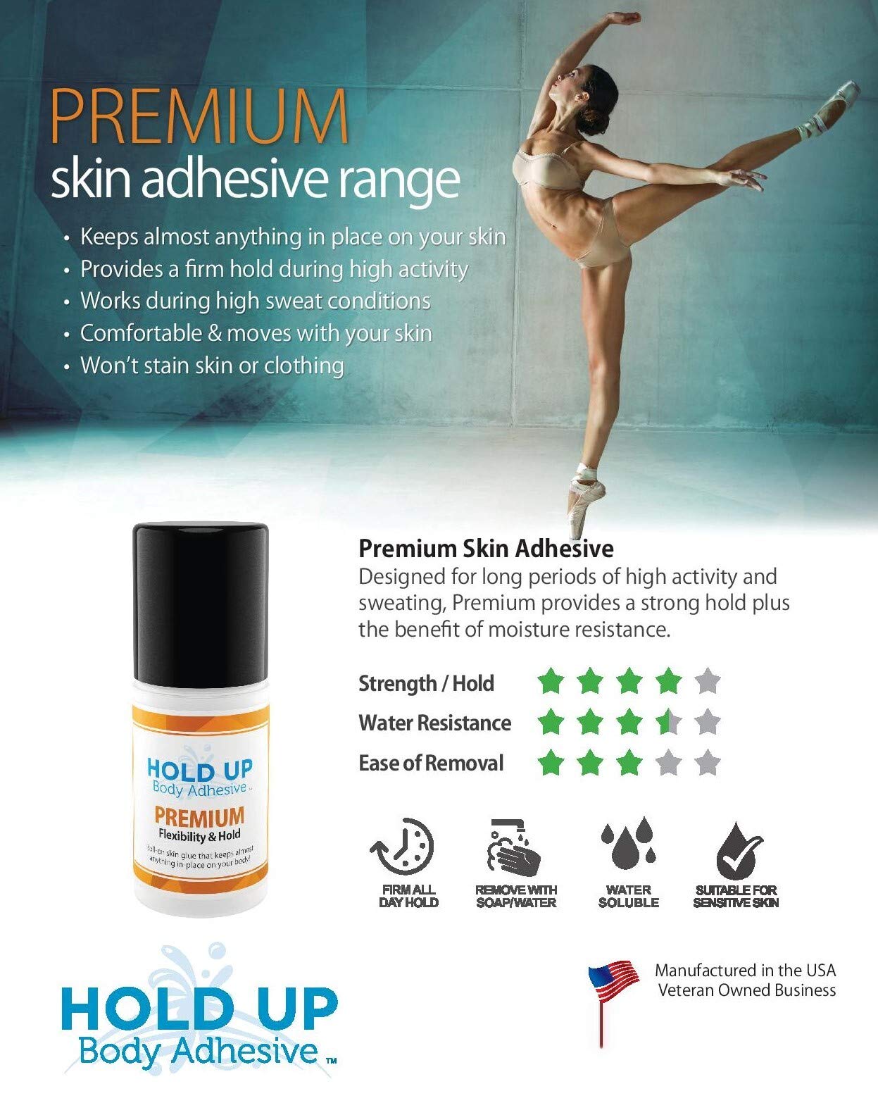 Hold Up Body Adhesive hypoallergenic formula on skin with minimal irritation.