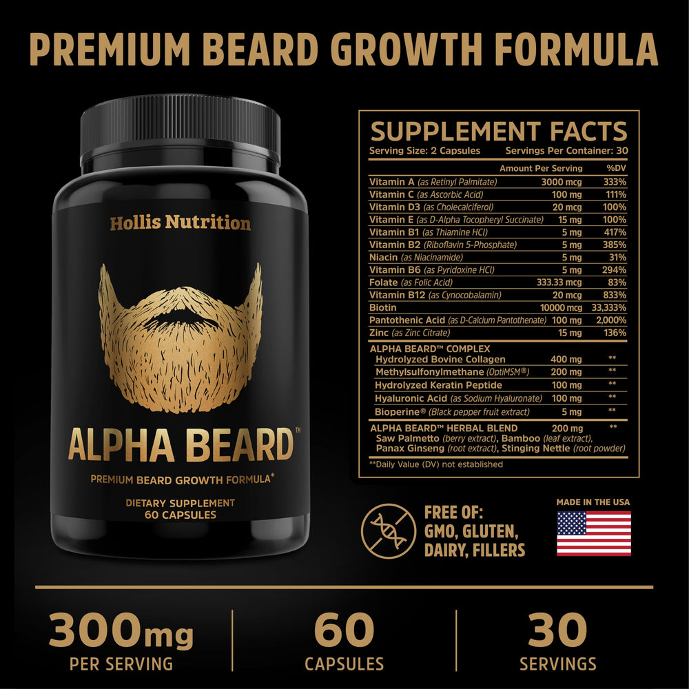 Hollis Alpha Beard capsules close-up showing nutrients