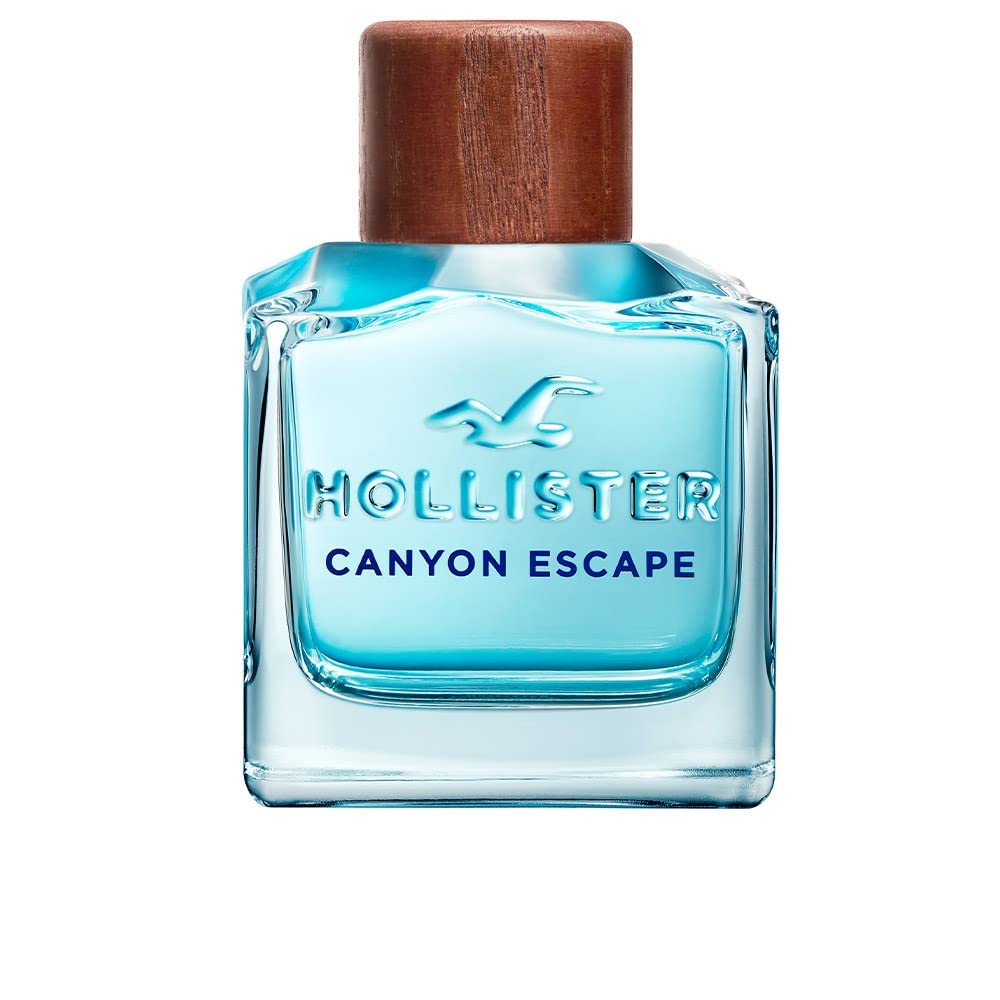 Hollister Canyon Escape bottle closeup highlighting a woody-spice profile for everyday confidence.