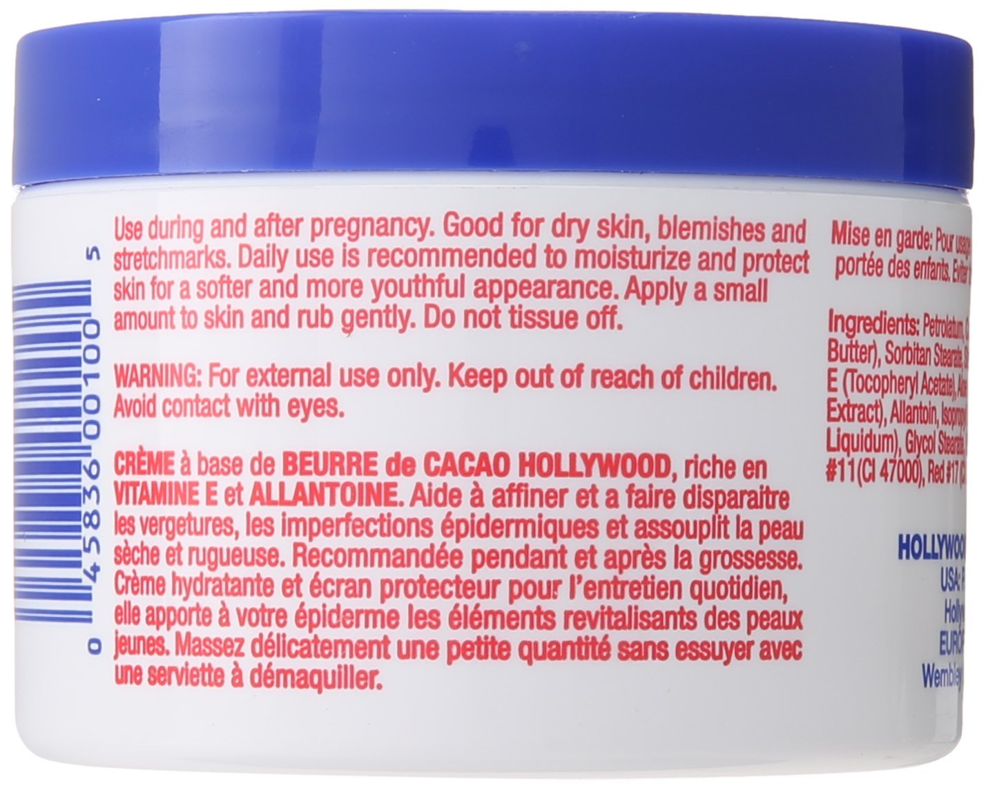 Hollywood Beauty Cocoa Butter Vitamin E cream texture close-up: deeply moisturizing formula for blemish-prone areas.